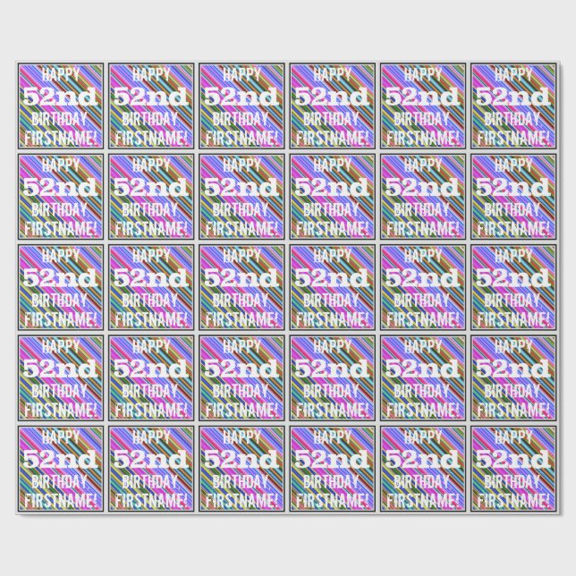 Vibrant, Colourful 52nd Birthday + Custom Name Wrapping Paper (Flat)