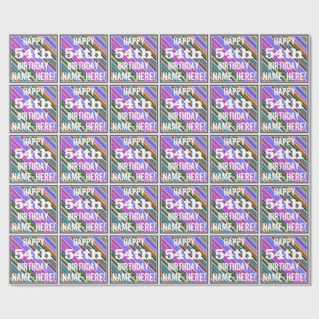 Vibrant, Colourful 54th Birthday + Custom Name Wrapping Paper (Flat)