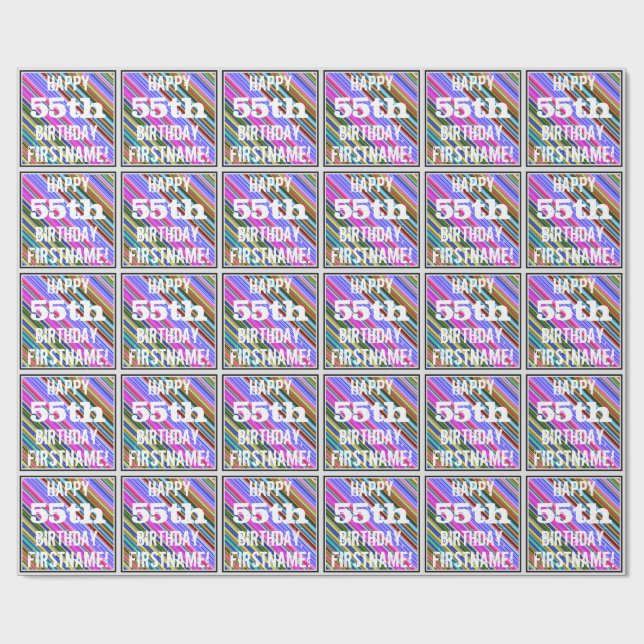 Vibrant, Colourful 55th Birthday + Custom Name Wrapping Paper (Flat)