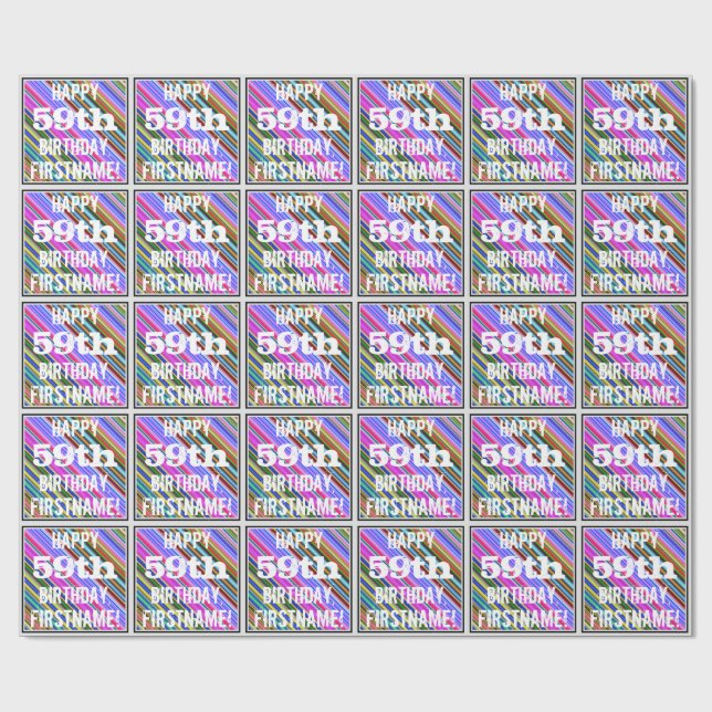 Vibrant, Colourful 59th Birthday + Custom Name Wrapping Paper (Flat)