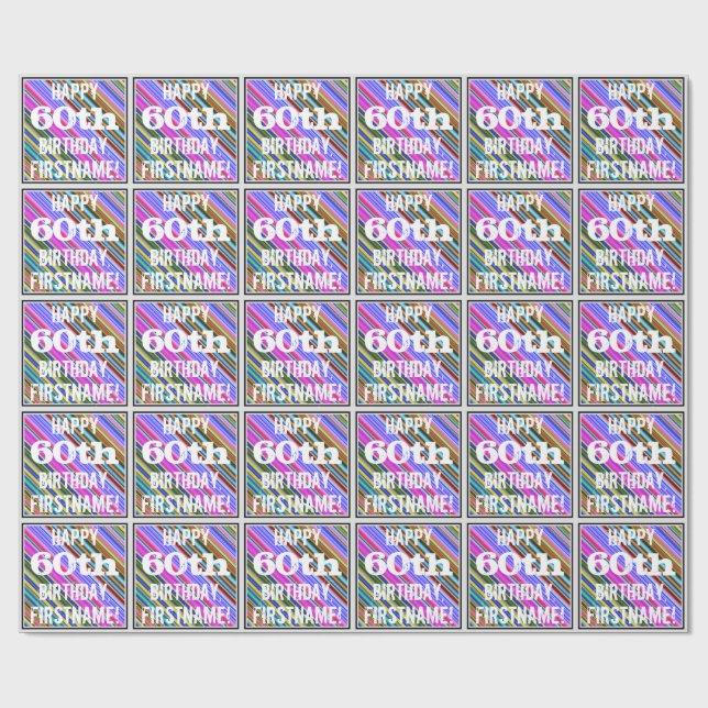 Vibrant, Colourful 60th Birthday + Custom Name Wrapping Paper (Flat)