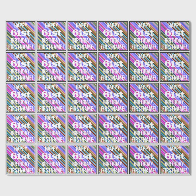 Vibrant, Colourful 61st Birthday + Custom Name Wrapping Paper (Flat)