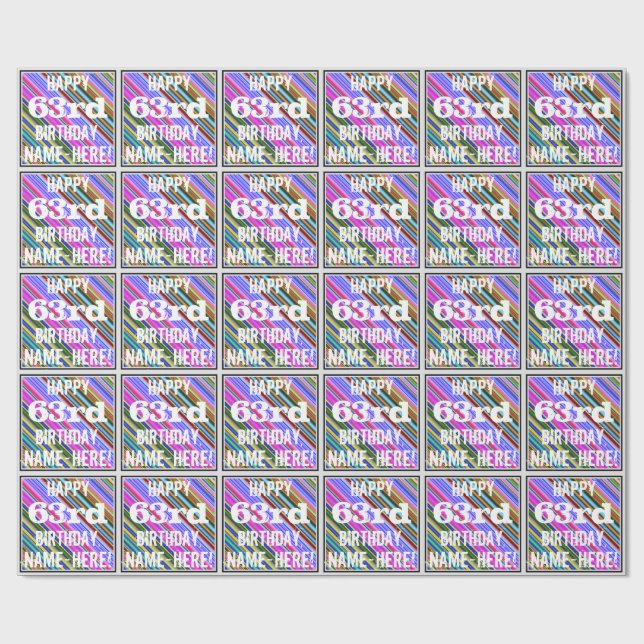 Vibrant, Colourful 63rd Birthday + Custom Name Wrapping Paper (Flat)