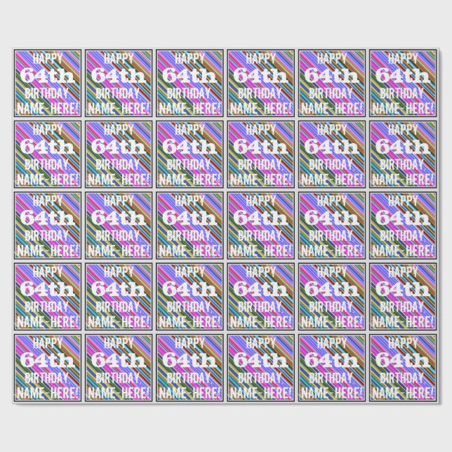 Vibrant, Colourful 64th Birthday + Custom Name Wrapping Paper (Flat)