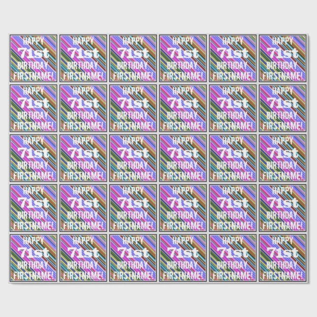 Vibrant, Colourful 71st Birthday + Custom Name Wrapping Paper (Flat)