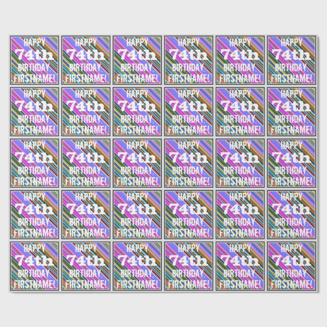 Vibrant, Colourful 74th Birthday + Custom Name Wrapping Paper (Flat)