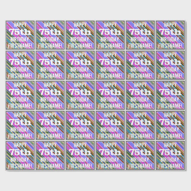 Vibrant, Colourful 75th Birthday + Custom Name Wrapping Paper (Flat)