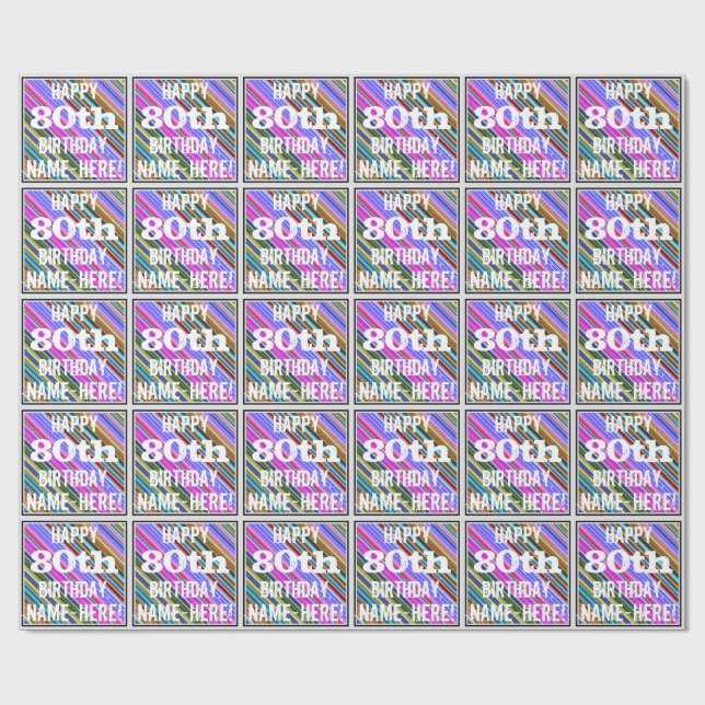 Vibrant, Colourful 80th Birthday + Custom Name Wrapping Paper (Flat)