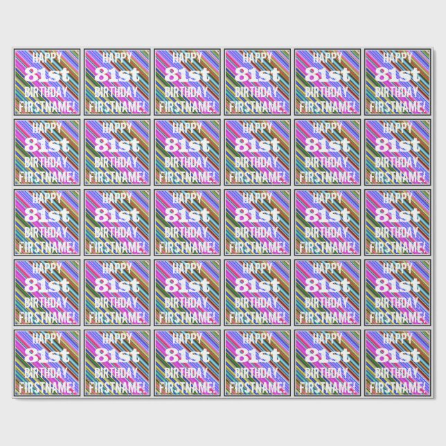 Vibrant, Colourful 81st Birthday + Custom Name Wrapping Paper (Flat)