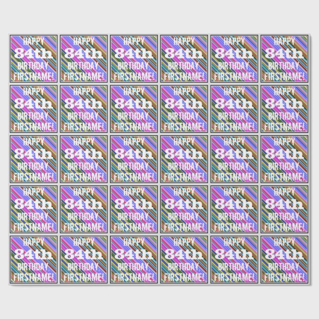 Vibrant, Colourful 84th Birthday + Custom Name Wrapping Paper (Flat)