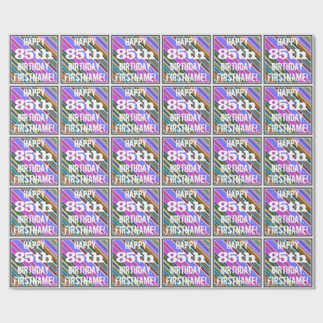 Vibrant, Colourful 85th Birthday + Custom Name Wrapping Paper (Flat)