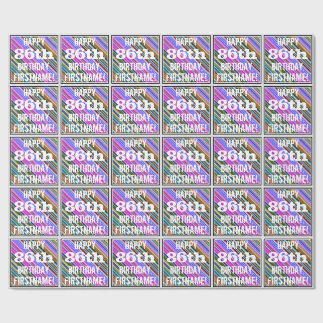 Vibrant, Colourful 86th Birthday + Custom Name Wrapping Paper (Flat)