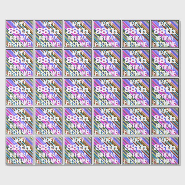 Vibrant, Colourful 88th Birthday + Custom Name Wrapping Paper (Flat)