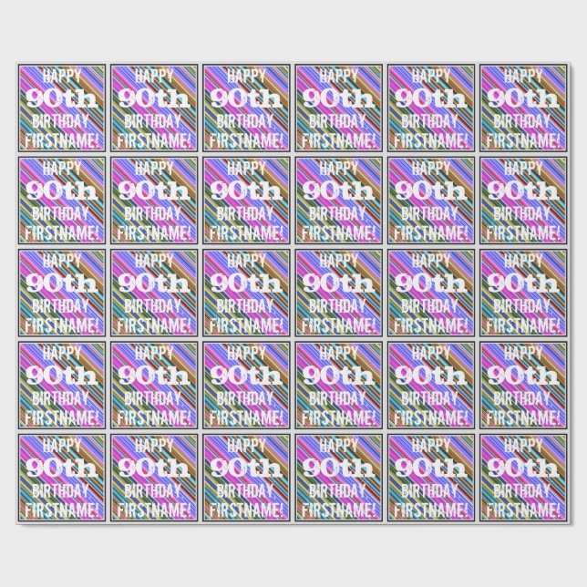 Vibrant, Colourful 90th Birthday + Custom Name Wrapping Paper (Flat)