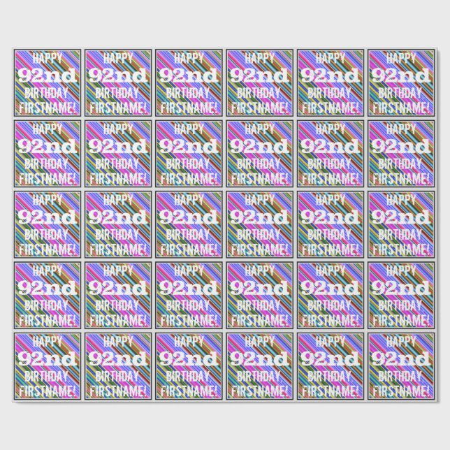 Vibrant, Colourful 92nd Birthday + Custom Name Wrapping Paper (Flat)