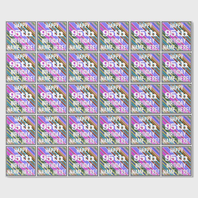 Vibrant, Colourful 95th Birthday + Custom Name Wrapping Paper (Flat)