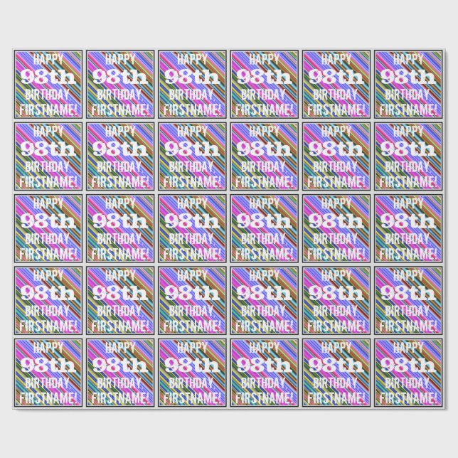 Vibrant, Colourful 98th Birthday + Custom Name Wrapping Paper (Flat)