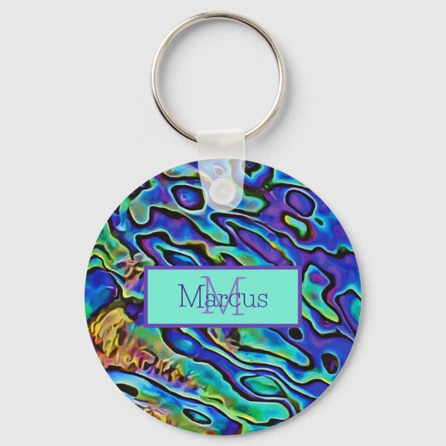 Vibrant, Colourful Abalone Shell Monogrammed Keychain (Front)