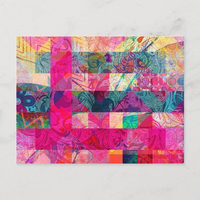 Vibrant Colourful Abstract Pink Plaid Funky Patter Postcard (Front)