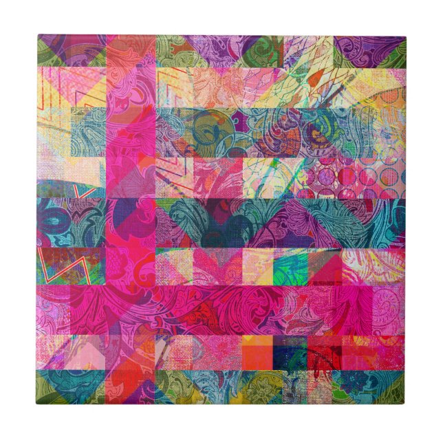 Vibrant Colourful Abstract Pink Plaid Funky Patter Tile (Front)