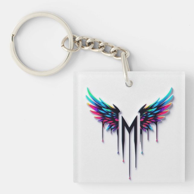 Vibrant Colourful Angel Wings M Monogram Graphic Keychain (Front)