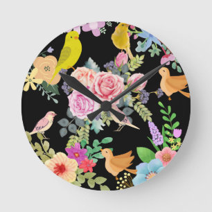 Vibrant Colourful Birds and Flowers Art on Black Round Clock