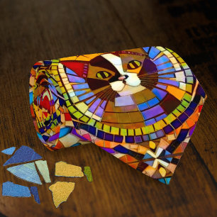Vibrant Colourful Cat in Mosaic Tiles Tie