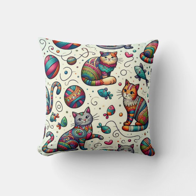 Vibrant Colourful Cat Pattern Pillow Stylish  (Front)