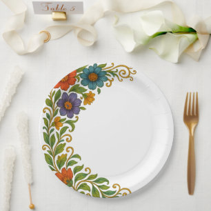 Vibrant Colourful Floral Corner Margin Design Paper Plate