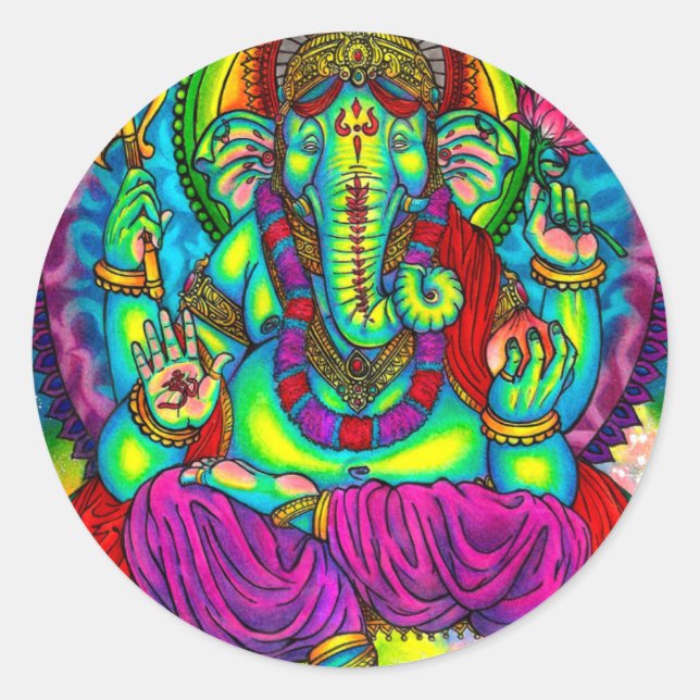 Vibrant Colourful Ganesh Painting Classic Round Sticker (Front)