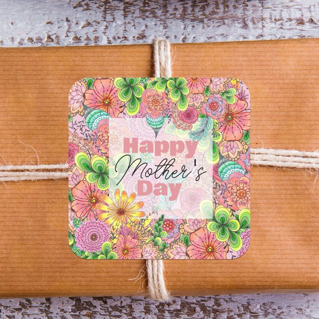 Vibrant Colourful Hand-drawn Florals Mother's Day Square Sticker (Creator Uploaded)