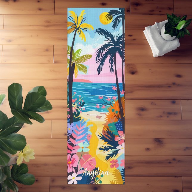 Vibrant Colourful Illustration of Tropical Beach Yoga Mat (Vibrant Colorful Illustration of Tropical Beach Yoga Mat)