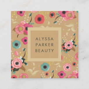 Vibrant   Colourful Modern Floral in Gold Square Business Card