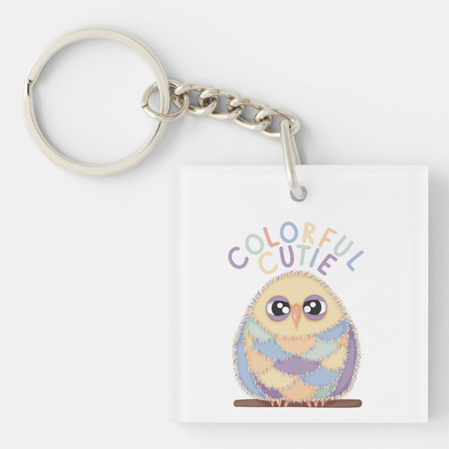 Vibrant Colourful Owl with Text Keychain (Front)
