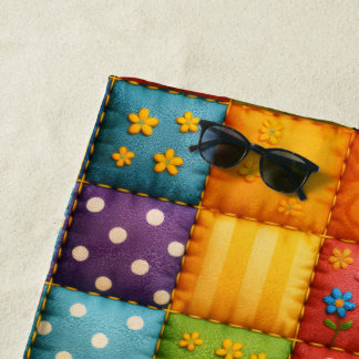 Vibrant Colourful Patchwork Quilt Pattern Beach Towel