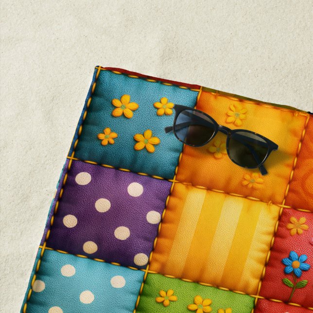 Vibrant Colourful Patchwork Quilt Pattern Beach Towel (In Situ)