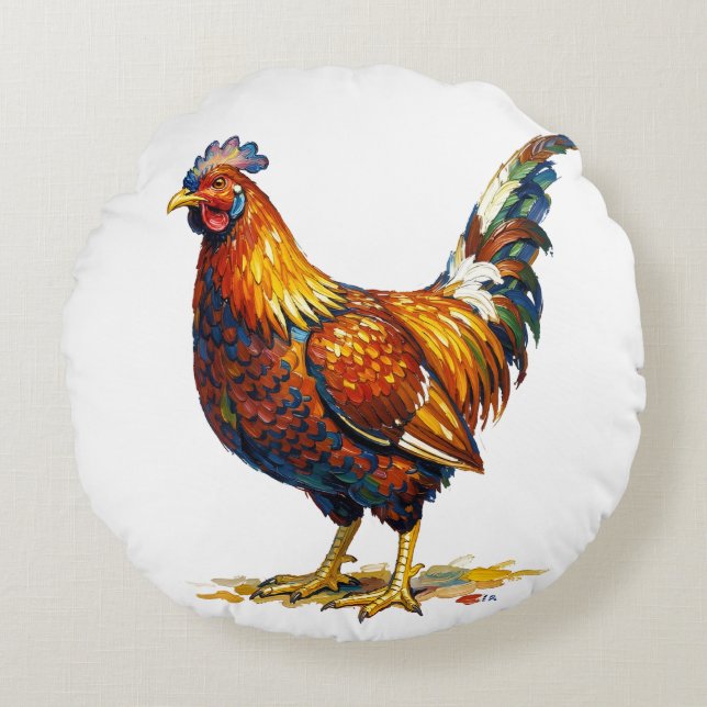 Vibrant Colourful Rooster Illustration Artwork Round Pillow (Front)