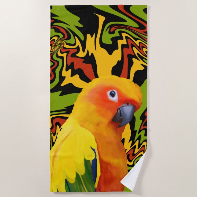 Vibrant Colourful Sun Conure Parrot Beach Towel (Front)
