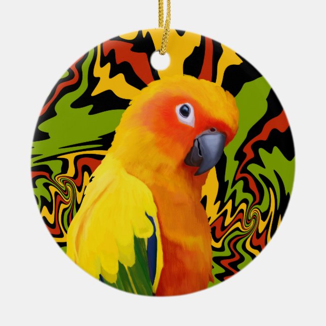 Vibrant Colourful Sun Conure Parrot Ceramic Ornament (Front)