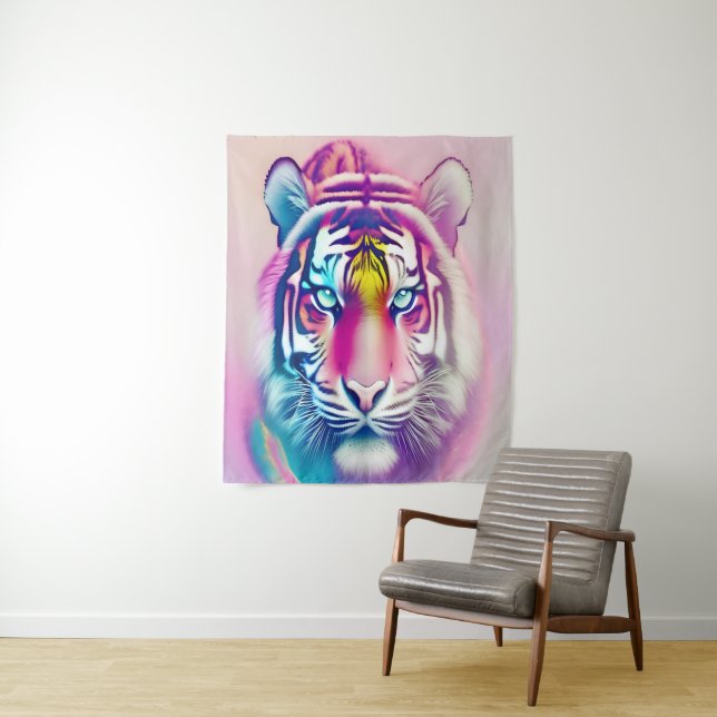 Vibrant Colourful Tiger Face Bold Modern Wildlife  Tapestry (In Situ)