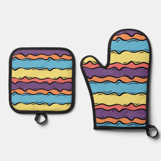 Vibrant Colourful Wavy Stripes Oven Mitt & Pot Holder Set (Front)