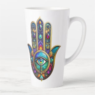 Vibrant Colours Hamsa Turquoise Yellow Third Eye  Latte Mug