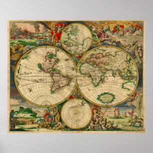 Vibrant Colours Vintage Old World Map Poster