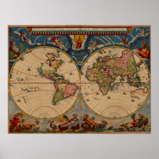 Vibrant Colours Vintage Old World Map Poster
