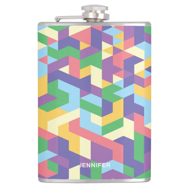 Vibrant Contemporary Geometric Pattern With Name Hip Flask (Front)