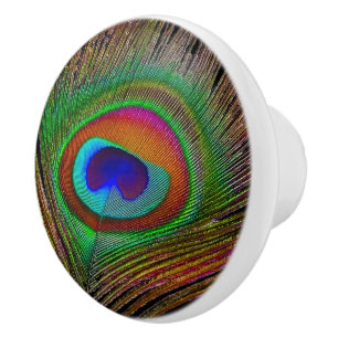 Vibrant Copper Peacock Feather Ceramic Knob