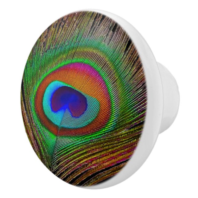 Vibrant Copper Peacock Feather Ceramic Knob (Right)