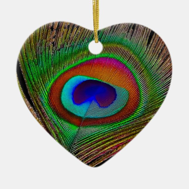 Vibrant Copper Peacock Feather Ceramic Ornament (Front)