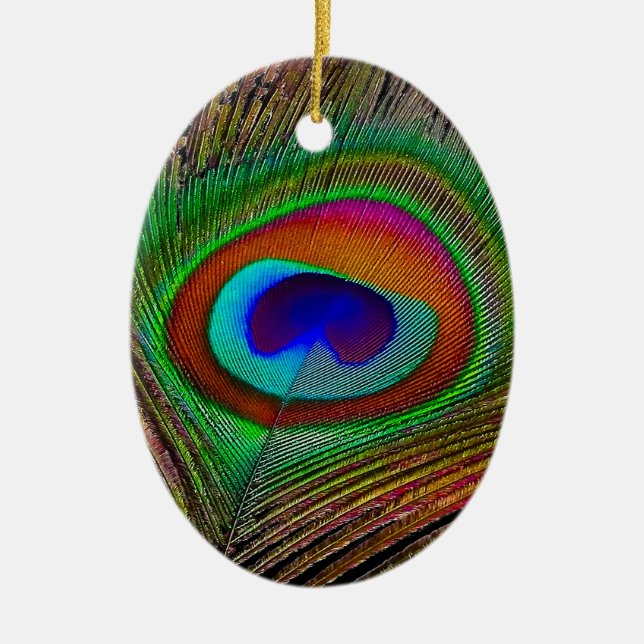 Vibrant Copper Peacock Feather Ceramic Ornament (Front)