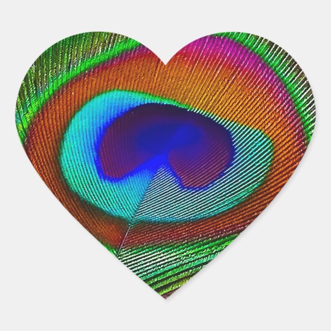 Vibrant Copper Peacock Feather Heart Sticker (Front)